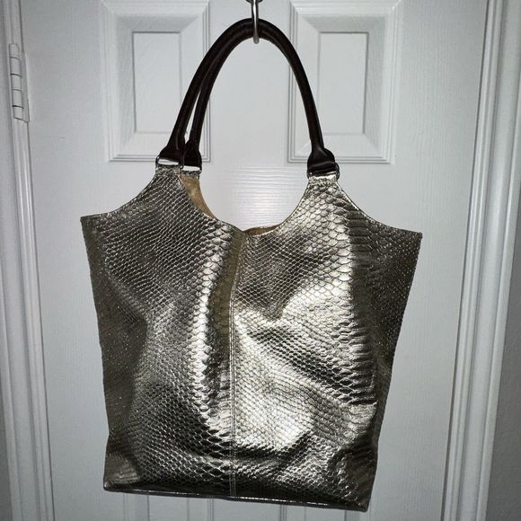 Neiman Marcus Gold Metallic Tote Python Snakeskin Shoulder Bag Purse Fish Scale - Picture 1 of 6